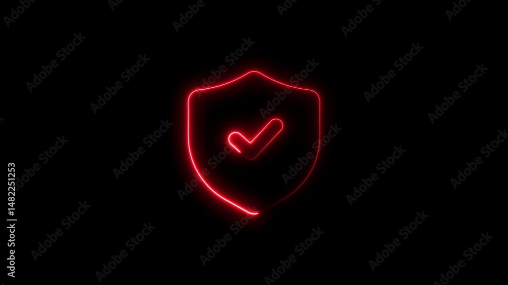 Poster glowing red neon security shield with check mark symbol on black background