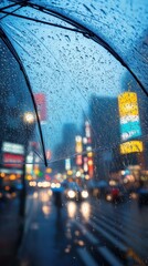 An umbrella with water droplets on it, seen from inside the translucent transparent fabric looking out at busy street in tokyo