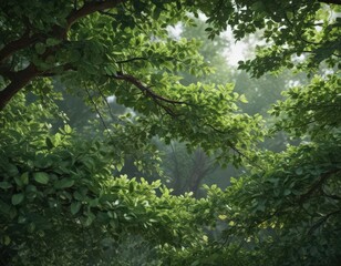 Fototapeta premium Dense network of fresh green leaves, newly emerged branches, vegetation, foliage