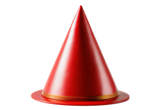 Vibrant Red Party Hat: A bright red party hat, meticulously crafted with a sleek, glossy finish and elegant golden detail around the base.