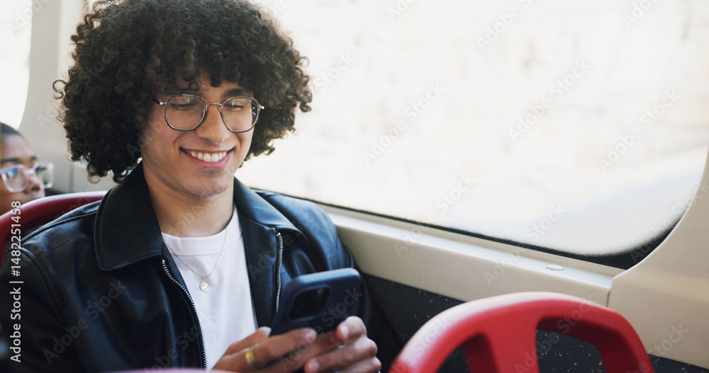 Aufkleber phone, happy and man on bus online for checking university exam results on mobile app with travel. c