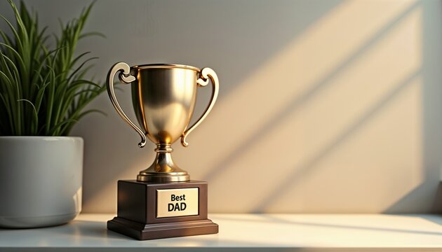 Gold "Best Dad" trophy still life in gold and white representing Father's Day appreciation