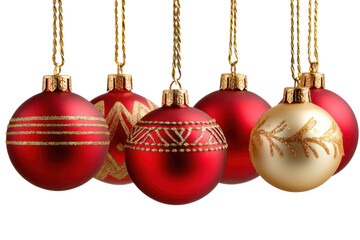 Obraz premium Christmas Ornaments Hanging: A set of elegant Christmas baubles, featuring rich red and gold hues and intricate designs, hang gracefully against a clean background. 
