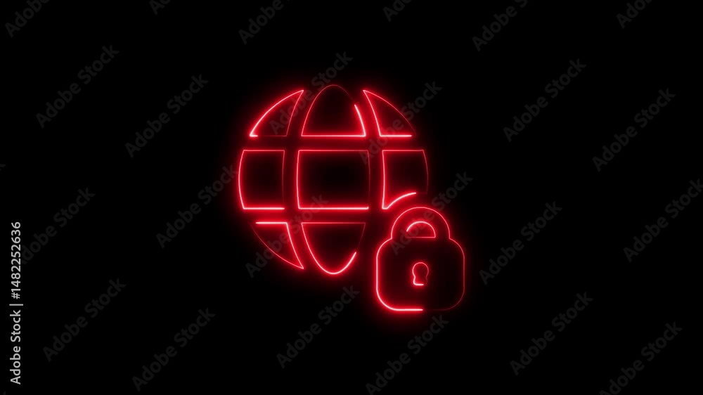Poster neon red glowing globe and lock symbolizing global internet security on black background