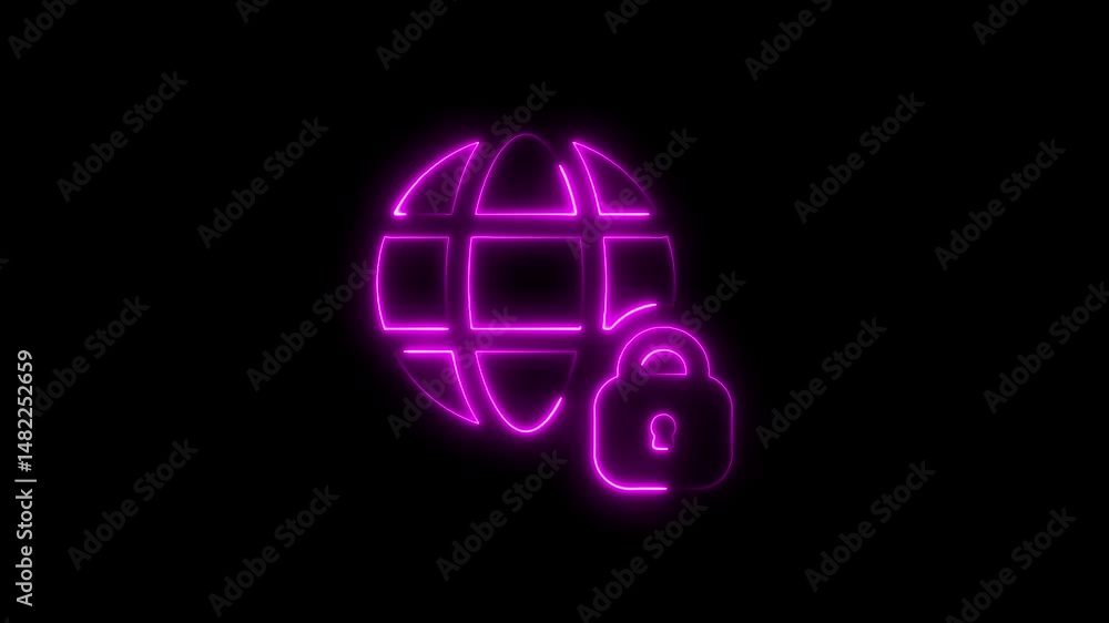 Poster glowing neon globe with padlock represents global network security and data protection
