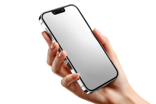 Hand Holding Modern Smartphone: A sophisticated smartphone with a pristine screen rests gracefully in a manicured hand, embodying sleek design and cutting-edge technology.