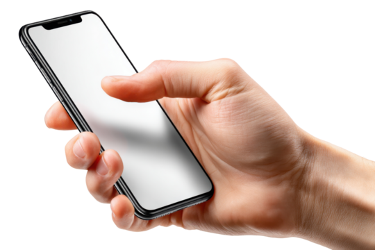 Hand Holding Smartphone: A hand gently holds a sleek, modern smartphone with a blank screen, ready for your app or website preview. - Powered by Adobe