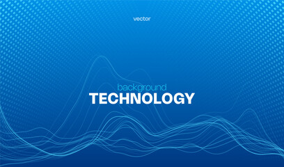 Digital technology abstract blue background concept with wavy lines, tech, innovation future data, internet network, Ai big data, lines dots connection.