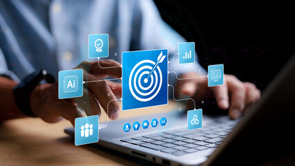 White dartboard and White arrow connection linkage with human icon for customer focus target group and customer relation management concept.