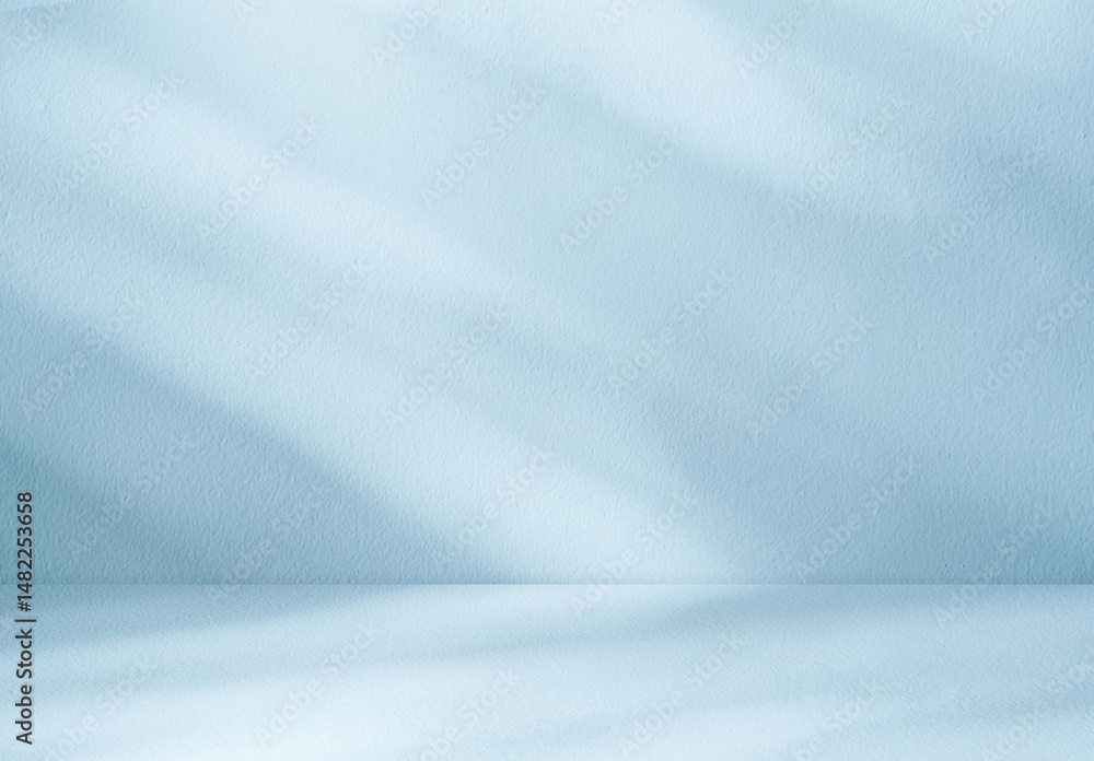 Aufkleber Blue Background Studio with Gradient White Light on Podium stage for Product Display Present,Empty Backdrop wall texture with abstract sun light on floor concrete and blue wall room interior