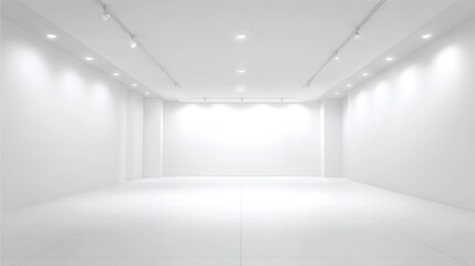 Minimalistic empty white room with bright ceiling lights and glossy tiled floor.