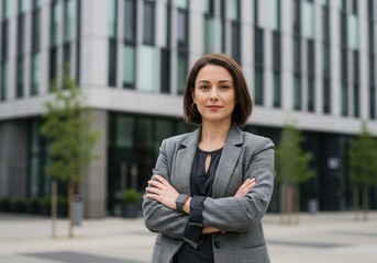Confident businesswoman stands with arms crossed in front of modern office building