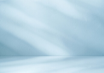 Blue Background Studio with Gradient White Light on Podium stage for Product Display Present,Empty Backdrop wall texture with abstract sun light on floor concrete and blue wall room interior