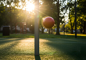 Red ball floating in air with bright sunlight in outdoor activity
