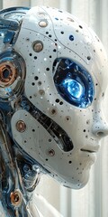 Detailed Close-up of a Futuristic Android Head with Glowing Blue Eye