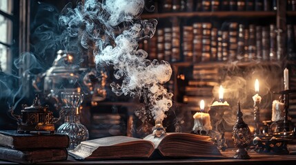 Dark fantasy room with books, candles and potion bottles in mystical foggy setting