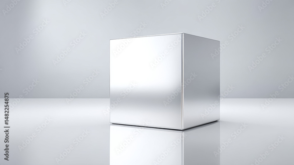 Poster a sleek metallic cube on a reflective surface, ideal for modern design concepts.