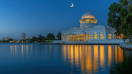 Fototapeta premium Serene white building by tranquil lake at twilight, crescent moon