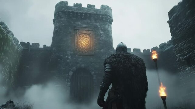 A viking standing in front of a medieval castle