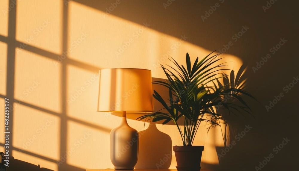 Poster sunlight streams through window, illuminating lamp and plant