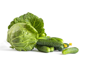 Fresh green cabbage and cucumbers isolated on white background