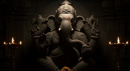 Fototapeta premium Stone Sculpture with Candles in Dark Temple Interior