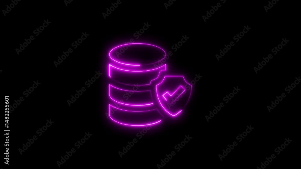 Poster glowing neon database security concept with a shield and checkmark on black background