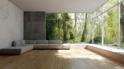 3D Render of a Modern, Cozy Living Room with Artistic Minimalist Design and Nature Views