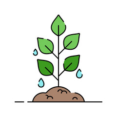 Sprouting Plant Flat design style, young plant growing from soil with water drops, ideal for sustainability, growth, and eco learning designs.