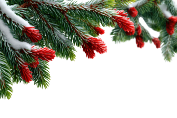Snowy Pine Branch with Red Buds: A picturesque branch of pine, laden with snow and vibrant red buds, creates a festive winter scene.