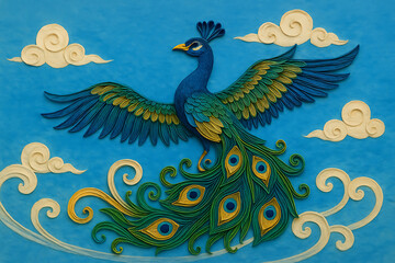 Fototapeta premium Celestial Peacock. A vibrant peacock in a blue sky background, styled in colorful layered quilling paper art.