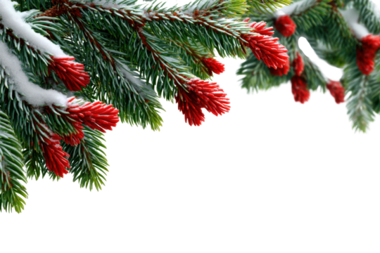 Snowy Pine Branch with Red Buds: A picturesque branch of pine, laden with snow and vibrant red buds, creates a festive winter scene.