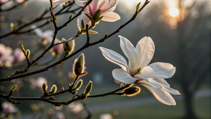 Fototapeta premium Delicate Magnolia Blossoms in Soft Sunlight, Illuminated by String Lights