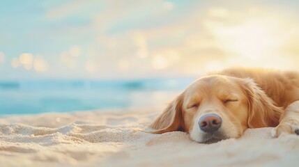 Golden Retriever Dog Sleeping on a Sandy Beach Under a Beautiful Sky with Gentle Waves in the Background During Sunrise or Sunset