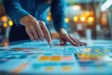 Obraz premium A designer meticulously arranging colorful charts and graphs in a bright workspace