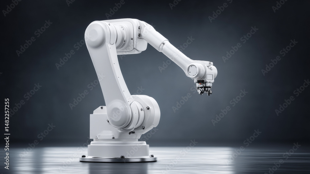 Poster a sleek robotic arm in a modern industrial setting showcasing advanced automation.