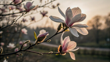 Fototapeta premium Delicate Magnolia Blossoms in Soft Sunlight, Illuminated by String Lights