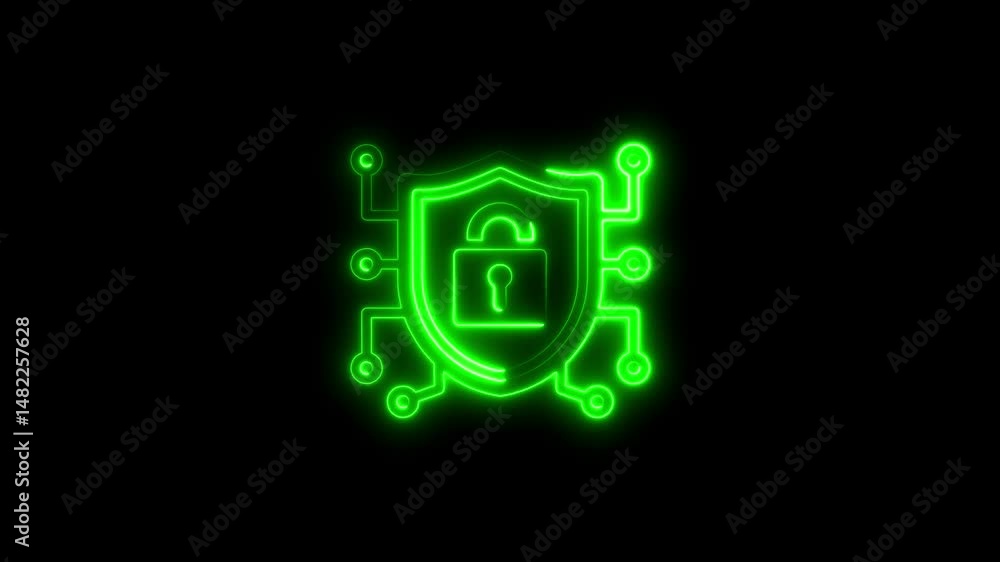 Aufkleber glowing green security shield with open padlock on black background