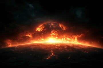 Fiery planet rising through stormy clouds