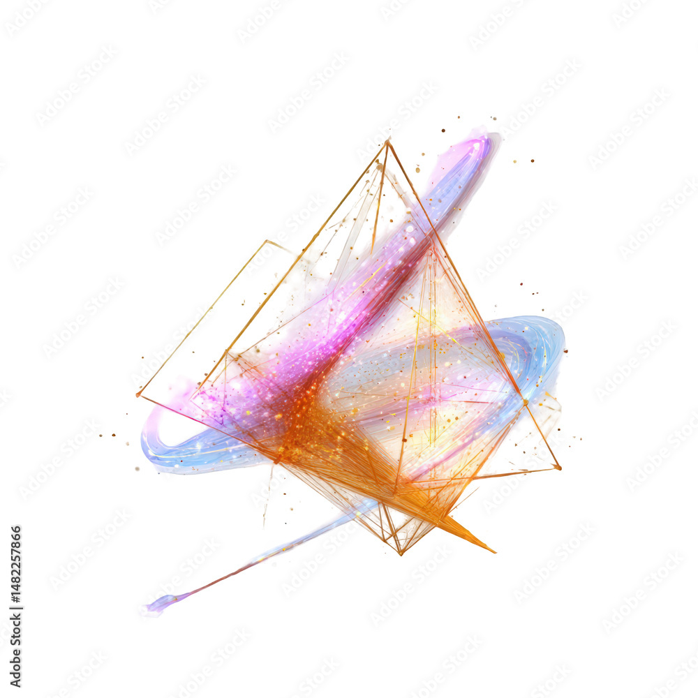 Poster abstract colorful geometric art with golden lines and vivid paint splashes on transparent background