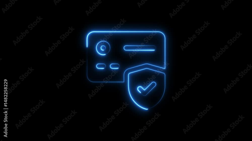 Poster animated neon credit card with protection shield symbolizing security and transactions