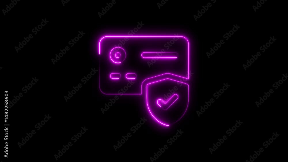 Poster animated neon glowing credit card protected with a shield and a check mark.