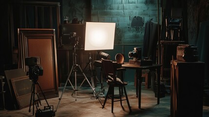 Film studio setup with cameras, lights and chairs in cinematic behind the scenes production