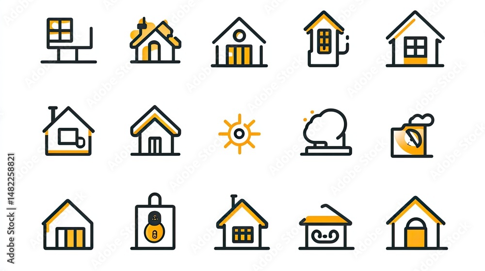 Poster a set of thin-line house icons with editable vector strokes, sized 512x512 pixels.