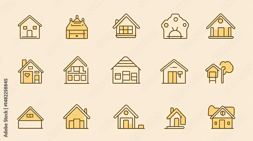 Poster a set of thin-line house icons with editable vector strokes, sized 512x512 pixels.