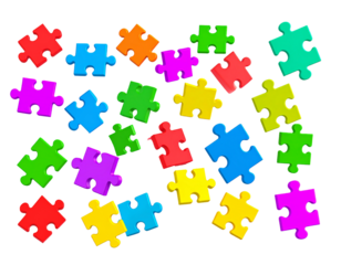 Colorful jigsaw puzzle pieces scattered on black background