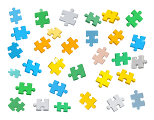 Scattered colorful puzzle pieces.  A vibrant mix of puzzle pieces in various colors, randomly scattered across a dark background.