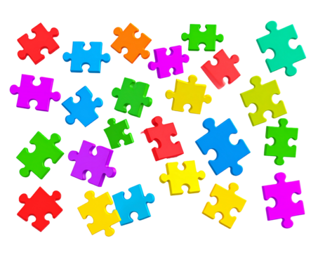 Colorful jigsaw puzzle pieces scattered on black background