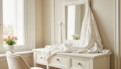 Elegant vanity table with mirror and flowers in soft interior  