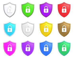 Twelve colorful shield icons, each displaying a padlock, representing security and protection